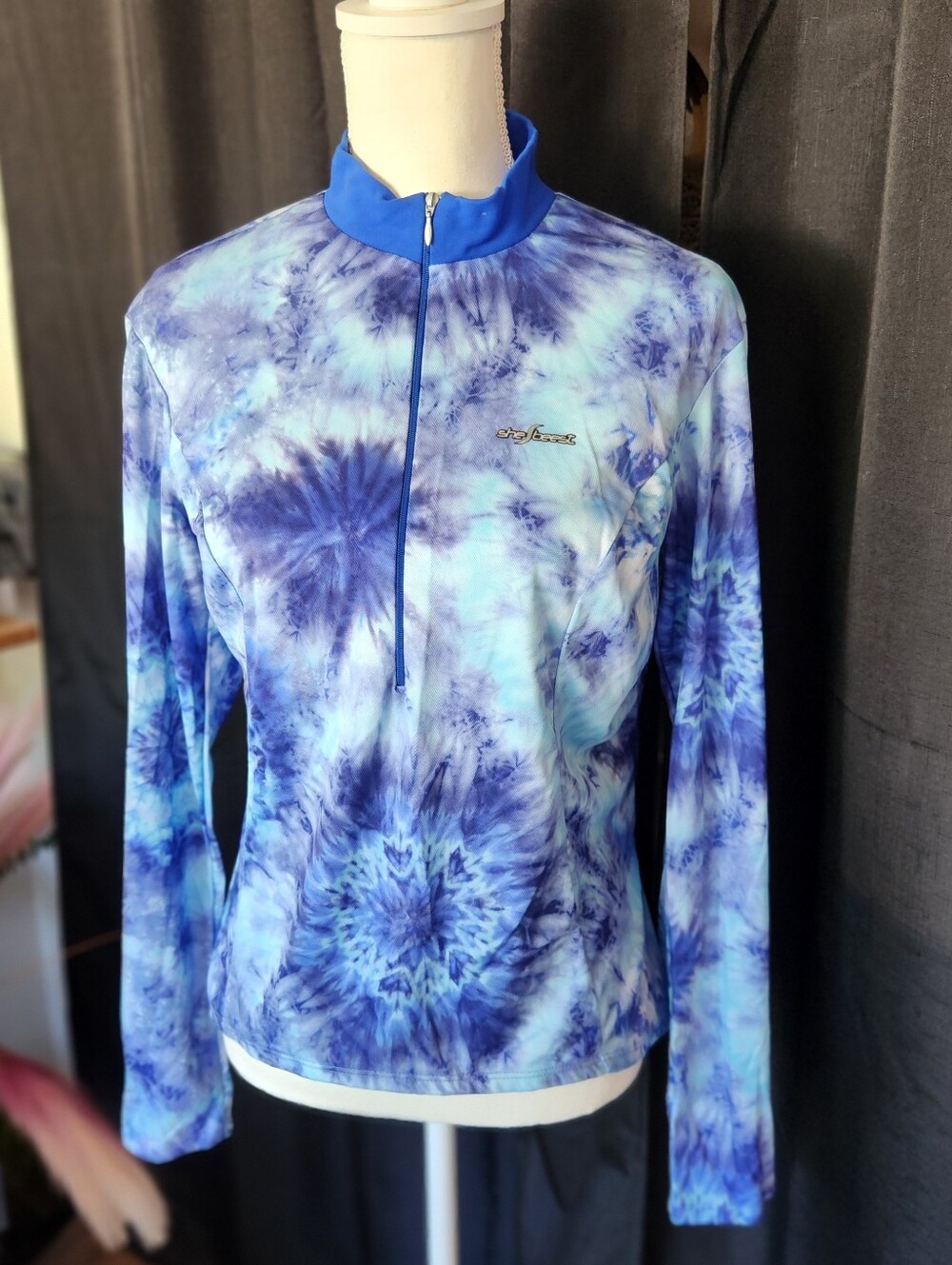 Shebeest Tie-Dye Blue Long Sleeve Quarter-Zip Top